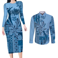 Talofa Samoa Mamanu Siapo Mix Malu Couples Matching Long Sleeve Bodycon Dress and Long Sleeve Button Shirt Cool Blue Frangipani and Turtles LT7 Blue - Polynesian Pride