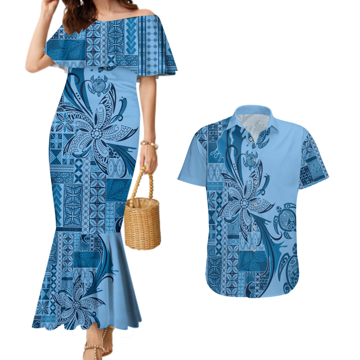Talofa Samoa Mamanu Siapo Mix Malu Couples Matching Mermaid Dress and Hawaiian Shirt Cool Blue Frangipani and Turtles LT7 Blue - Polynesian Pride