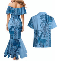 Talofa Samoa Mamanu Siapo Mix Malu Couples Matching Mermaid Dress and Hawaiian Shirt Cool Blue Frangipani and Turtles LT7 - Polynesian Pride