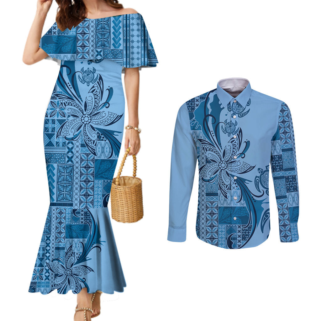 Talofa Samoa Mamanu Siapo Mix Malu Couples Matching Mermaid Dress and Long Sleeve Button Shirt Cool Blue Frangipani and Turtles LT7 Blue - Polynesian Pride