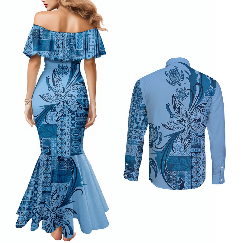 Talofa Samoa Mamanu Siapo Mix Malu Couples Matching Mermaid Dress and Long Sleeve Button Shirt Cool Blue Frangipani and Turtles LT7 - Polynesian Pride
