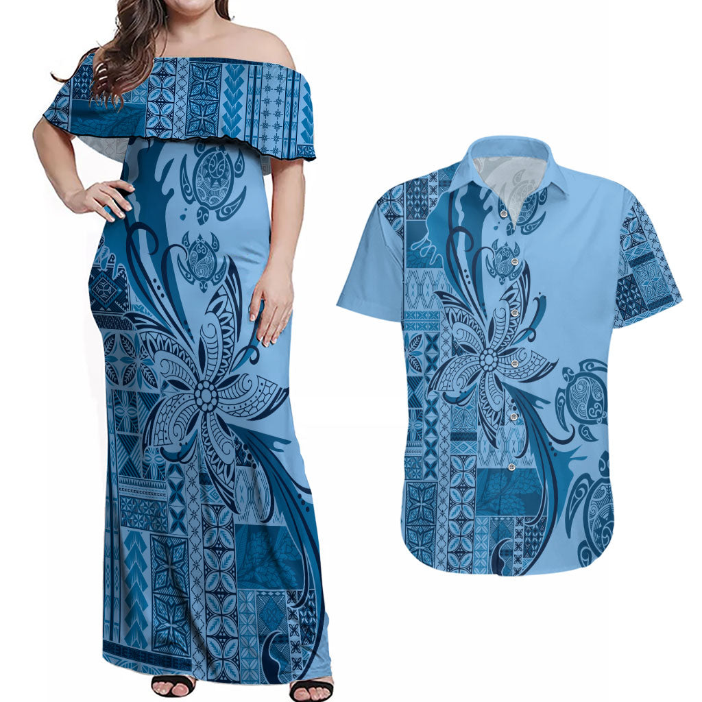 Talofa Samoa Mamanu Siapo Mix Malu Couples Matching Off Shoulder Maxi Dress and Hawaiian Shirt Cool Blue Frangipani and Turtles LT7 Blue - Polynesian Pride