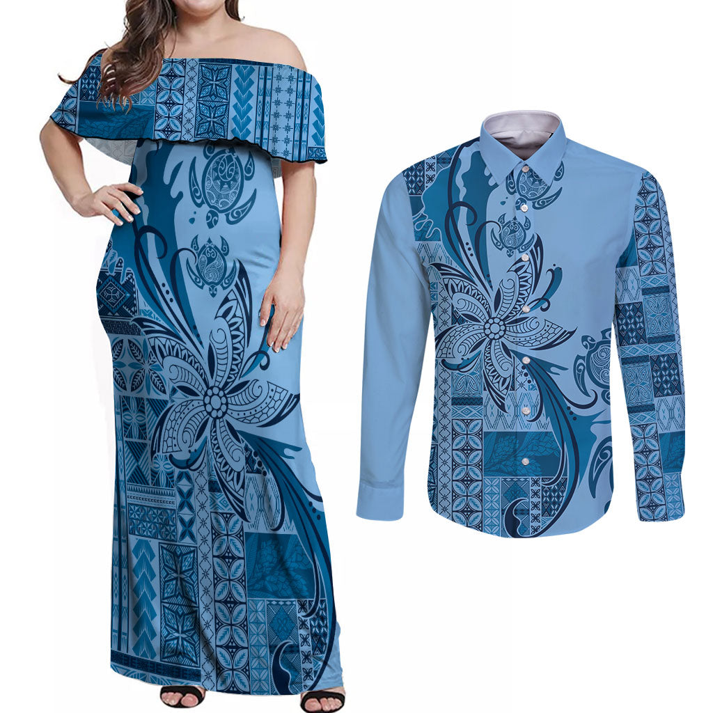 Talofa Samoa Mamanu Siapo Mix Malu Couples Matching Off Shoulder Maxi Dress and Long Sleeve Button Shirt Cool Blue Frangipani and Turtles