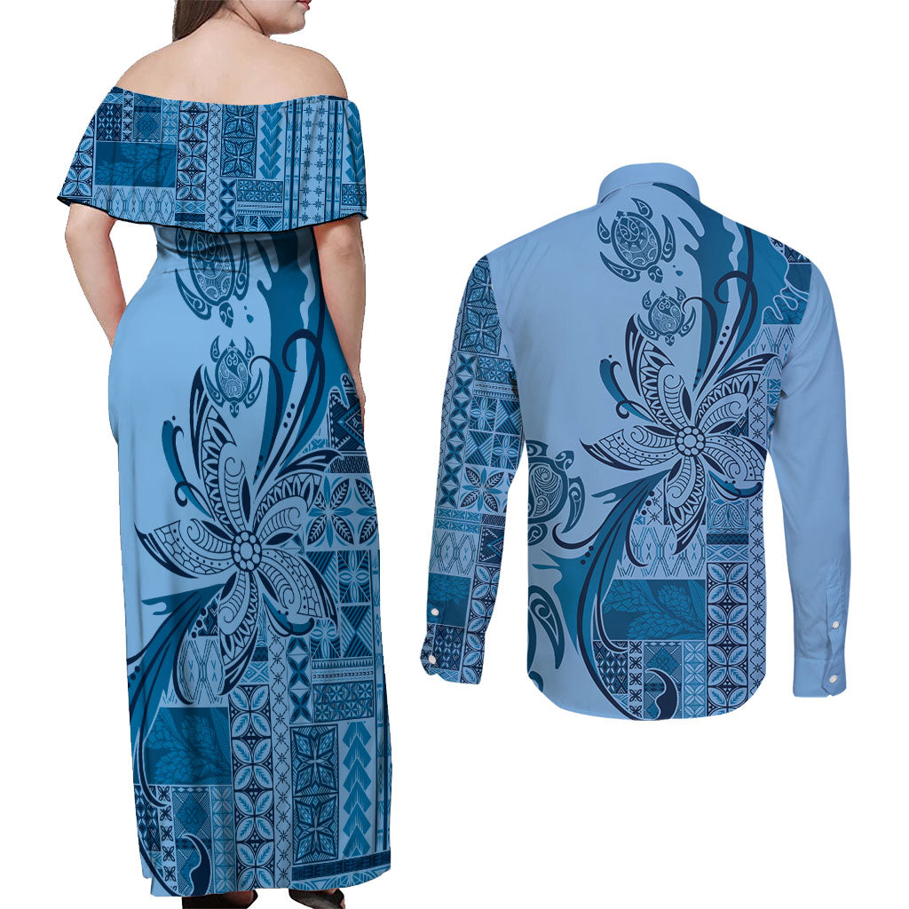 Talofa Samoa Mamanu Siapo Mix Malu Couples Matching Off Shoulder Maxi Dress and Long Sleeve Button Shirt Cool Blue Frangipani and Turtles LT7 - Polynesian Pride