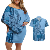 Talofa Samoa Mamanu Siapo Mix Malu Couples Matching Off Shoulder Short Dress and Hawaiian Shirt Cool Blue Frangipani and Turtles LT7 Blue - Polynesian Pride