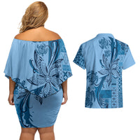 Talofa Samoa Mamanu Siapo Mix Malu Couples Matching Off Shoulder Short Dress and Hawaiian Shirt Cool Blue Frangipani and Turtles LT7 - Polynesian Pride