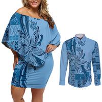 Talofa Samoa Mamanu Siapo Mix Malu Couples Matching Off Shoulder Short Dress and Long Sleeve Button Shirt Cool Blue Frangipani and Turtles LT7 Blue - Polynesian Pride