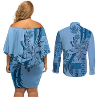 Talofa Samoa Mamanu Siapo Mix Malu Couples Matching Off Shoulder Short Dress and Long Sleeve Button Shirt Cool Blue Frangipani and Turtles LT7 - Polynesian Pride