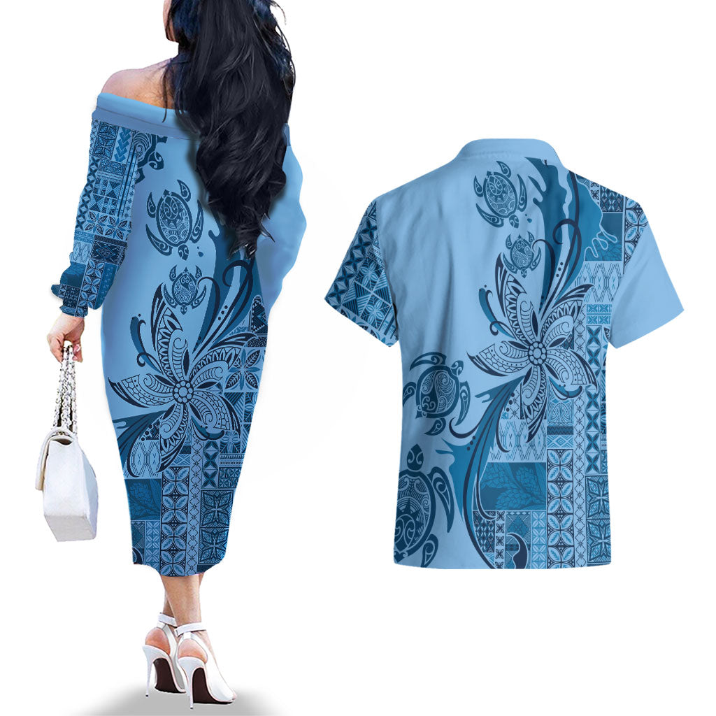 Talofa Samoa Mamanu Siapo Mix Malu Couples Matching Off The Shoulder Long Sleeve Dress and Hawaiian Shirt Cool Blue Frangipani and Turtles LT7 - Polynesian Pride