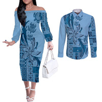 Talofa Samoa Mamanu Siapo Mix Malu Couples Matching Off The Shoulder Long Sleeve Dress and Long Sleeve Button Shirt Cool Blue Frangipani and Turtles LT7 Blue - Polynesian Pride