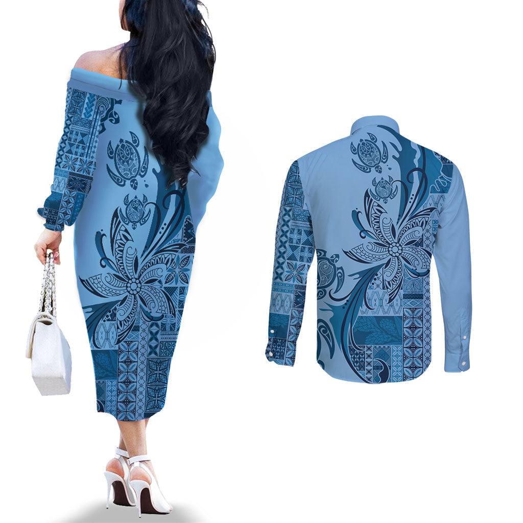 Talofa Samoa Mamanu Siapo Mix Malu Couples Matching Off The Shoulder Long Sleeve Dress and Long Sleeve Button Shirt Cool Blue Frangipani and Turtles LT7 - Polynesian Pride