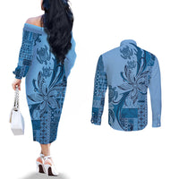 Talofa Samoa Mamanu Siapo Mix Malu Couples Matching Off The Shoulder Long Sleeve Dress and Long Sleeve Button Shirt Cool Blue Frangipani and Turtles LT7 - Polynesian Pride