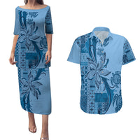 Talofa Samoa Mamanu Siapo Mix Malu Couples Matching Puletasi and Hawaiian Shirt Cool Blue Frangipani and Turtles LT7 Blue - Polynesian Pride