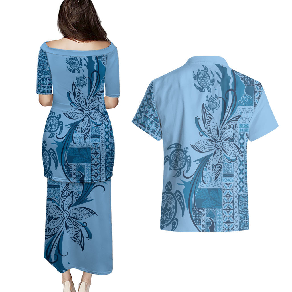 Talofa Samoa Mamanu Siapo Mix Malu Couples Matching Puletasi and Hawaiian Shirt Cool Blue Frangipani and Turtles LT7 - Polynesian Pride