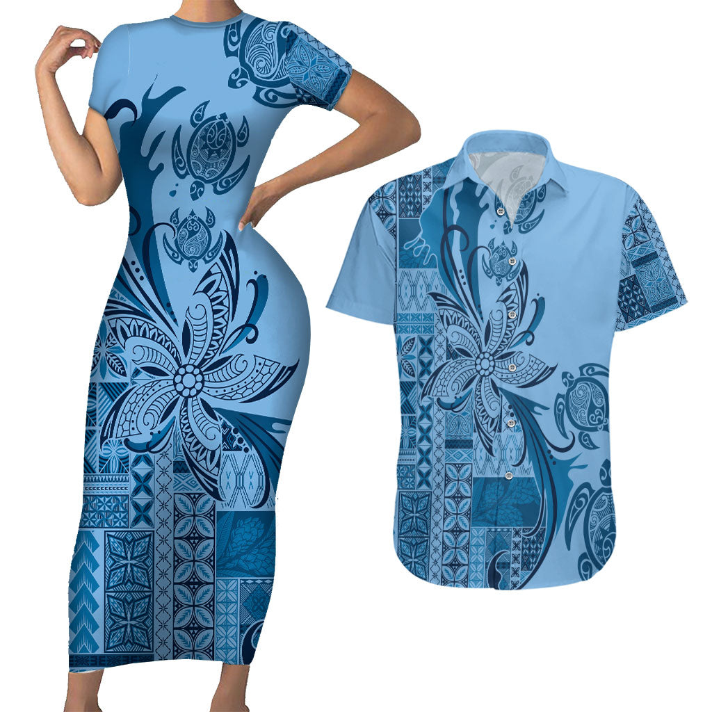 Talofa Samoa Mamanu Siapo Mix Malu Couples Matching Short Sleeve Bodycon Dress and Hawaiian Shirt Cool Blue Frangipani and Turtles LT7 Blue - Polynesian Pride