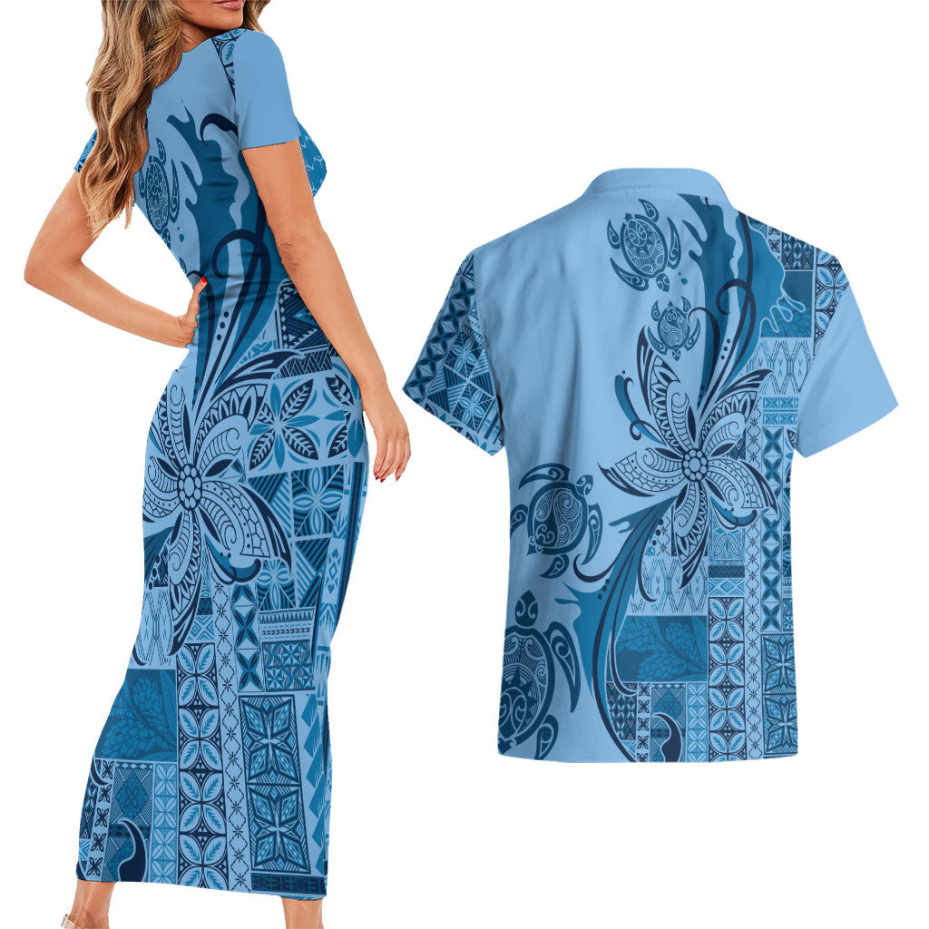 Talofa Samoa Mamanu Siapo Mix Malu Couples Matching Short Sleeve Bodycon Dress and Hawaiian Shirt Cool Blue Frangipani and Turtles LT7 - Polynesian Pride