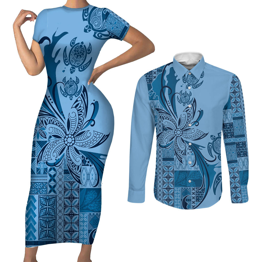 Talofa Samoa Mamanu Siapo Mix Malu Couples Matching Short Sleeve Bodycon Dress and Long Sleeve Button Shirt Cool Blue Frangipani and Turtles LT7 Blue - Polynesian Pride