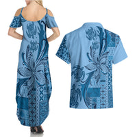 Talofa Samoa Mamanu Siapo Mix Malu Couples Matching Summer Maxi Dress and Hawaiian Shirt Cool Blue Frangipani and Turtles LT7 - Polynesian Pride