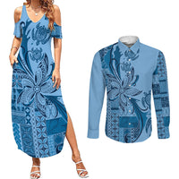 Talofa Samoa Mamanu Siapo Mix Malu Couples Matching Summer Maxi Dress and Long Sleeve Button Shirt Cool Blue Frangipani and Turtles LT7 Blue - Polynesian Pride