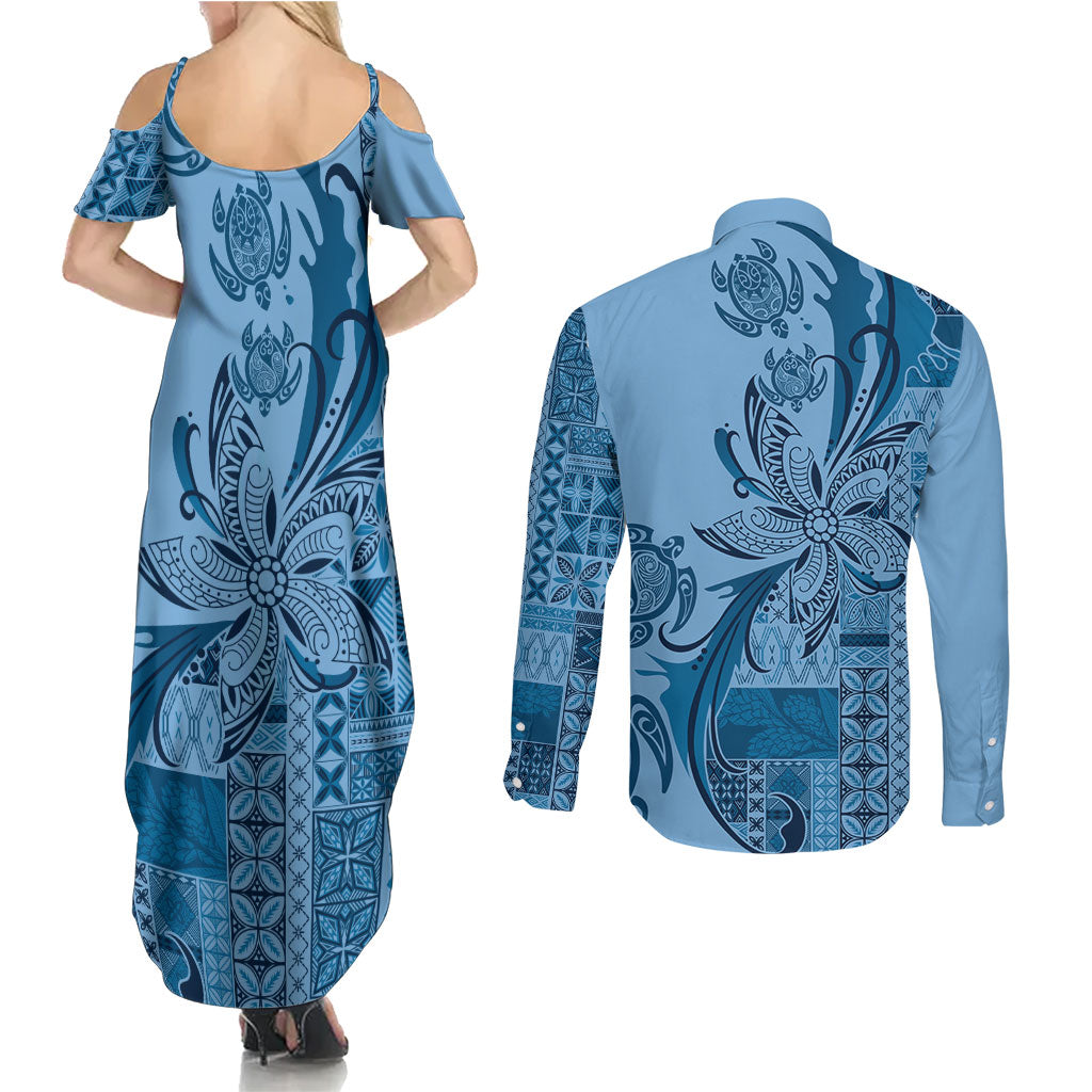 Talofa Samoa Mamanu Siapo Mix Malu Couples Matching Summer Maxi Dress and Long Sleeve Button Shirt Cool Blue Frangipani and Turtles LT7 - Polynesian Pride