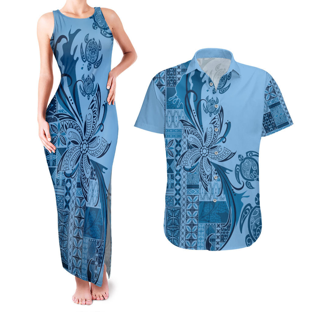 Talofa Samoa Mamanu Siapo Mix Malu Couples Matching Tank Maxi Dress and Hawaiian Shirt Cool Blue Frangipani and Turtles LT7 Blue - Polynesian Pride