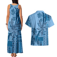 Talofa Samoa Mamanu Siapo Mix Malu Couples Matching Tank Maxi Dress and Hawaiian Shirt Cool Blue Frangipani and Turtles LT7 - Polynesian Pride