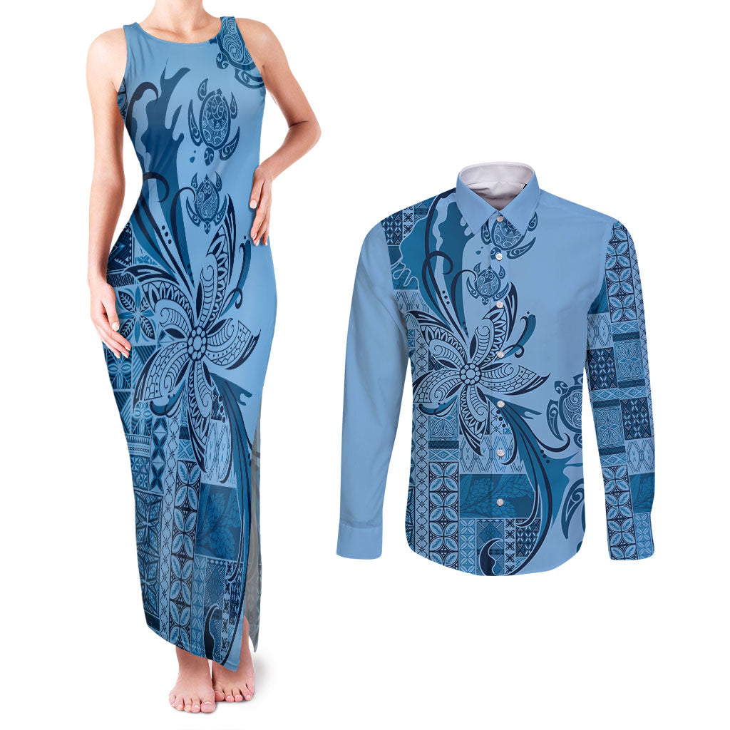 Talofa Samoa Mamanu Siapo Mix Malu Couples Matching Tank Maxi Dress and Long Sleeve Button Shirt Cool Blue Frangipani and Turtles LT7 Blue - Polynesian Pride