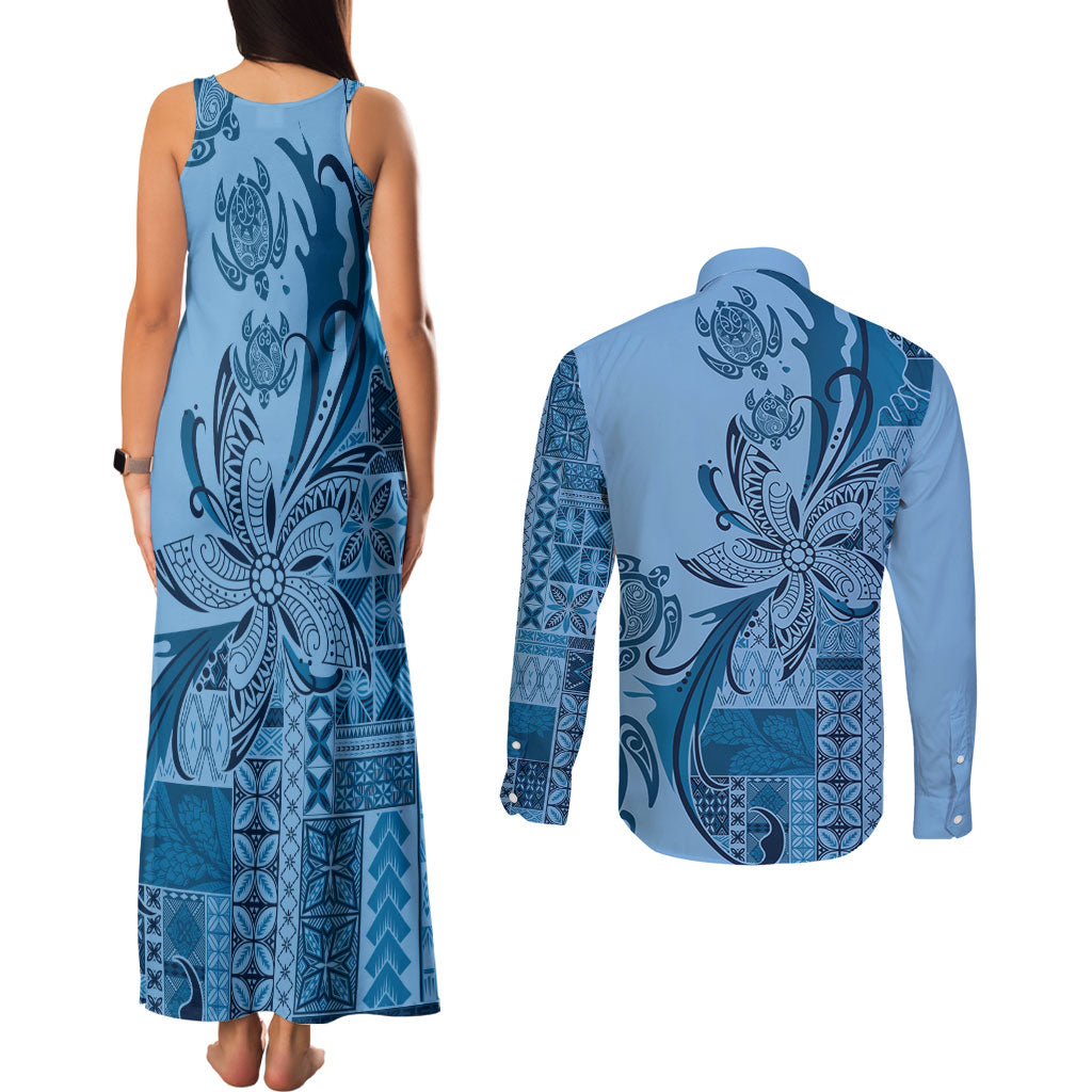 Talofa Samoa Mamanu Siapo Mix Malu Couples Matching Tank Maxi Dress and Long Sleeve Button Shirt Cool Blue Frangipani and Turtles LT7 - Polynesian Pride