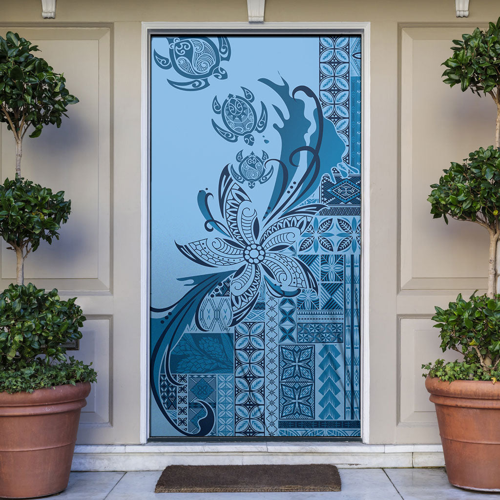 Talofa Samoa Mamanu Siapo Mix Malu Door Cover Cool Blue Frangipani and Turtles LT7 Blue - Polynesian Pride