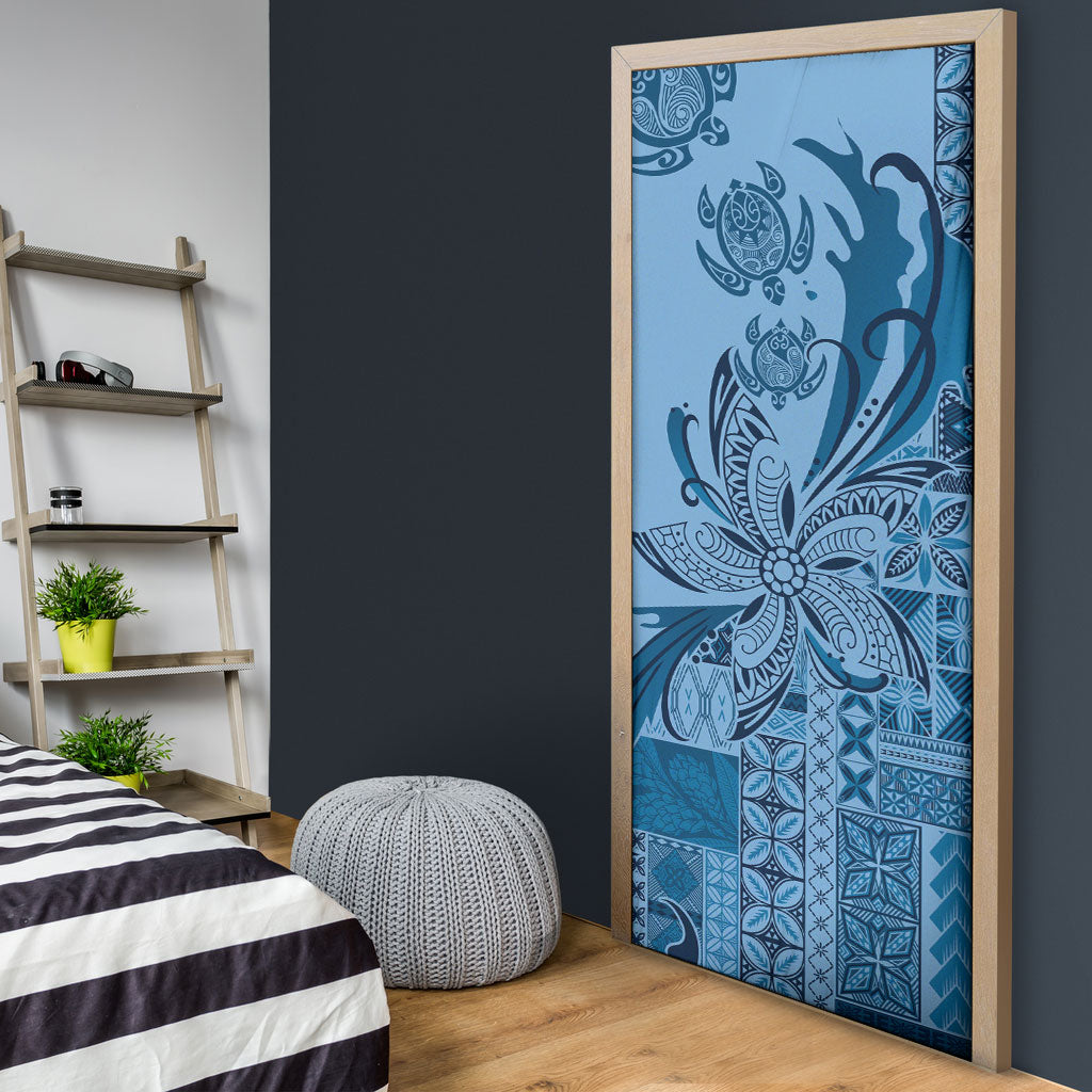 Talofa Samoa Mamanu Siapo Mix Malu Door Cover Cool Blue Frangipani and Turtles LT7 - Polynesian Pride