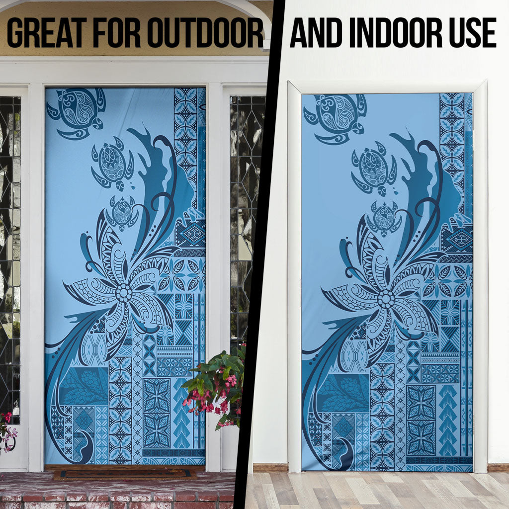 Talofa Samoa Mamanu Siapo Mix Malu Door Cover Cool Blue Frangipani and Turtles LT7 - Polynesian Pride