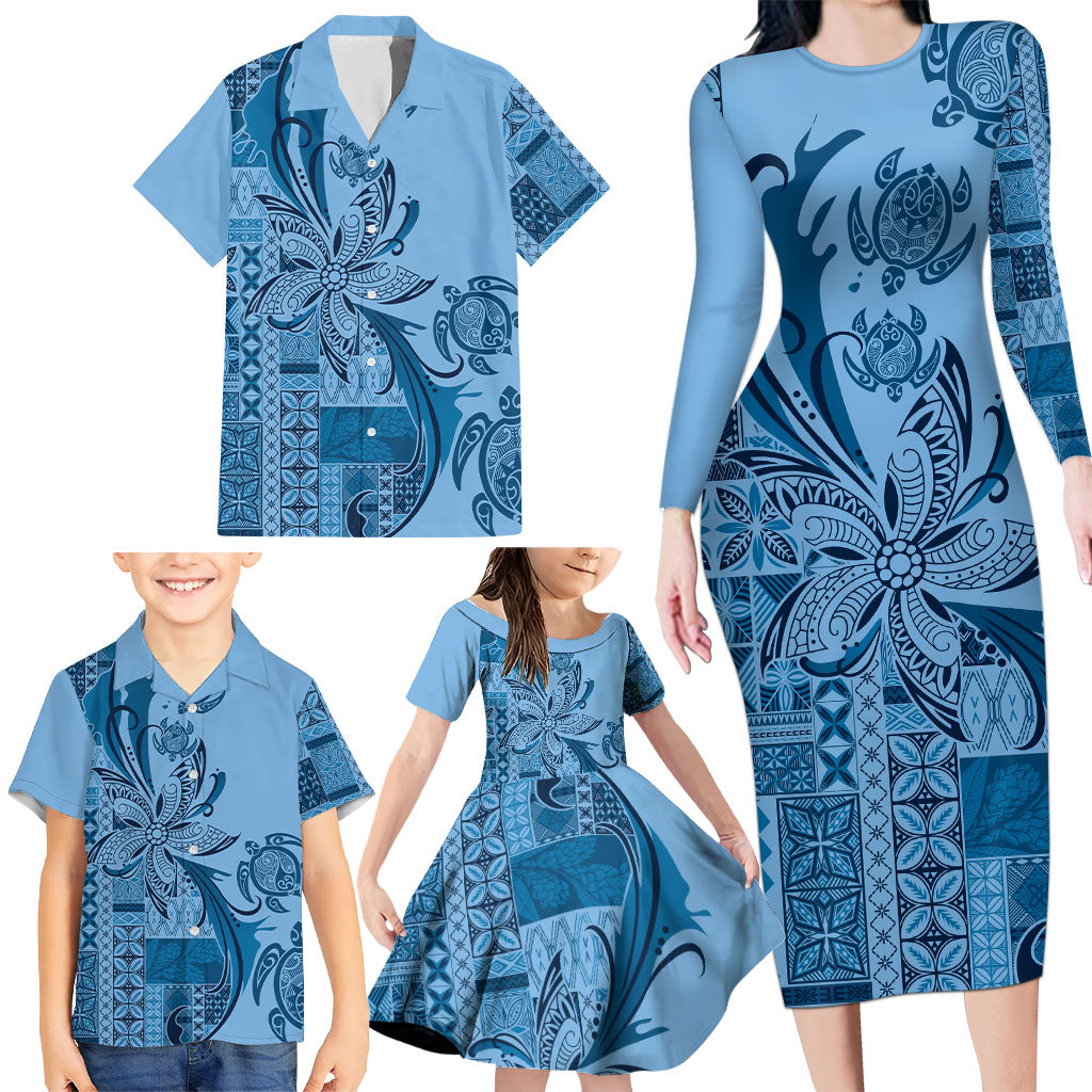 Talofa Samoa Mamanu Siapo Mix Malu Family Matching Long Sleeve Bodycon Dress and Hawaiian Shirt Cool Blue Frangipani and Turtles LT7 - Polynesian Pride