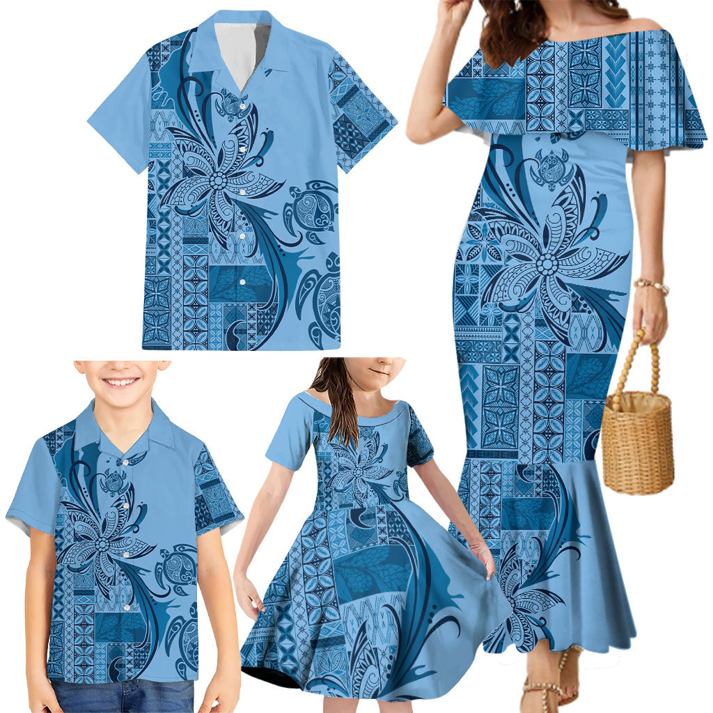 Talofa Samoa Mamanu Siapo Mix Malu Family Matching Mermaid Dress and Hawaiian Shirt Cool Blue Frangipani and Turtles LT7 - Polynesian Pride