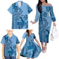 Talofa Samoa Mamanu Siapo Mix Malu Family Matching Off The Shoulder Long Sleeve Dress and Hawaiian Shirt Cool Blue Frangipani and Turtles LT7 - Polynesian Pride