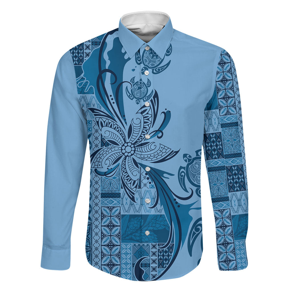 Talofa Samoa Mamanu Siapo Mix Malu Family Matching Off The Shoulder Long Sleeve Dress and Hawaiian Shirt Cool Blue Frangipani and Turtles LT7 Dad's Shirt - Long Sleeve Blue - Polynesian Pride