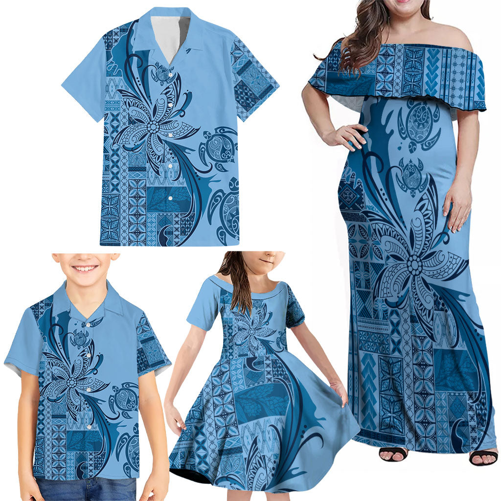 Talofa Samoa Mamanu Siapo Mix Malu Family Matching Off Shoulder Maxi Dress and Hawaiian Shirt Cool Blue Frangipani and Turtles