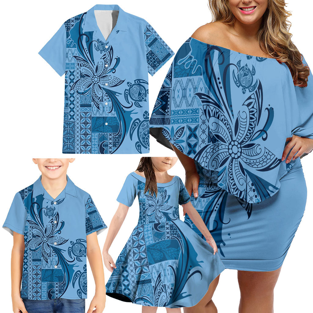 Talofa Samoa Mamanu Siapo Mix Malu Family Matching Off Shoulder Short Dress and Hawaiian Shirt Cool Blue Frangipani and Turtles LT7 - Polynesian Pride