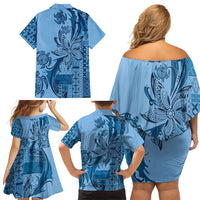 Talofa Samoa Mamanu Siapo Mix Malu Family Matching Off Shoulder Short Dress and Hawaiian Shirt Cool Blue Frangipani and Turtles LT7 - Polynesian Pride
