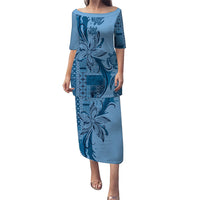 Talofa Samoa Mamanu Siapo Mix Malu Family Matching Puletasi and Hawaiian Shirt Cool Blue Frangipani and Turtles LT7 Mom's Dress Blue - Polynesian Pride
