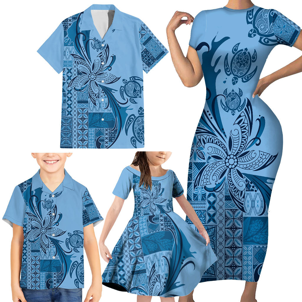 Talofa Samoa Mamanu Siapo Mix Malu Family Matching Short Sleeve Bodycon Dress and Hawaiian Shirt Cool Blue Frangipani and Turtles LT7 - Polynesian Pride