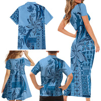 Talofa Samoa Mamanu Siapo Mix Malu Family Matching Short Sleeve Bodycon Dress and Hawaiian Shirt Cool Blue Frangipani and Turtles LT7 - Polynesian Pride
