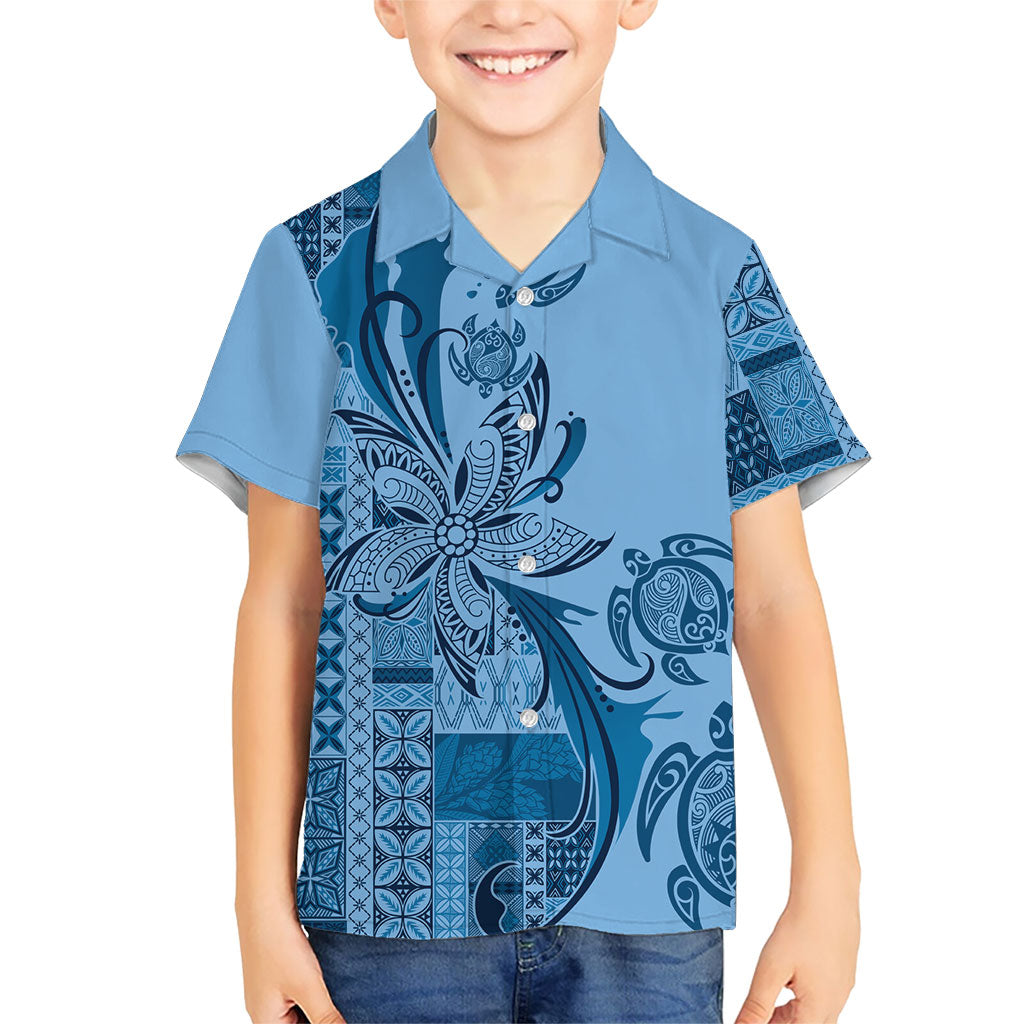 Talofa Samoa Mamanu Siapo Mix Malu Family Matching Short Sleeve Bodycon Dress and Hawaiian Shirt Cool Blue Frangipani and Turtles LT7 Son's Shirt Blue - Polynesian Pride