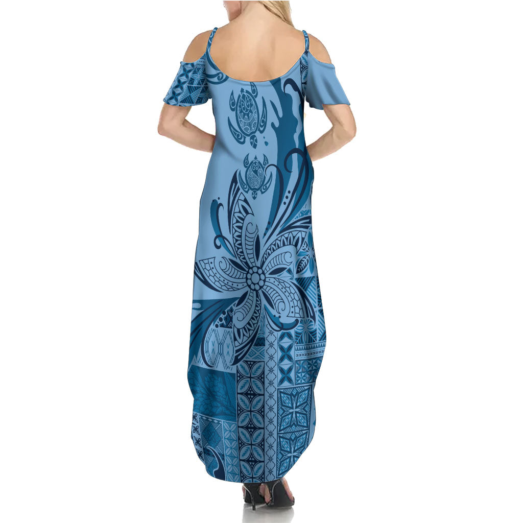 Talofa Samoa Mamanu Siapo Mix Malu Family Matching Summer Maxi Dress and Hawaiian Shirt Cool Blue Frangipani and Turtles LT7 - Polynesian Pride
