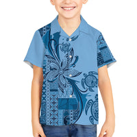 Talofa Samoa Mamanu Siapo Mix Malu Family Matching Summer Maxi Dress and Hawaiian Shirt Cool Blue Frangipani and Turtles LT7 Son's Shirt Blue - Polynesian Pride