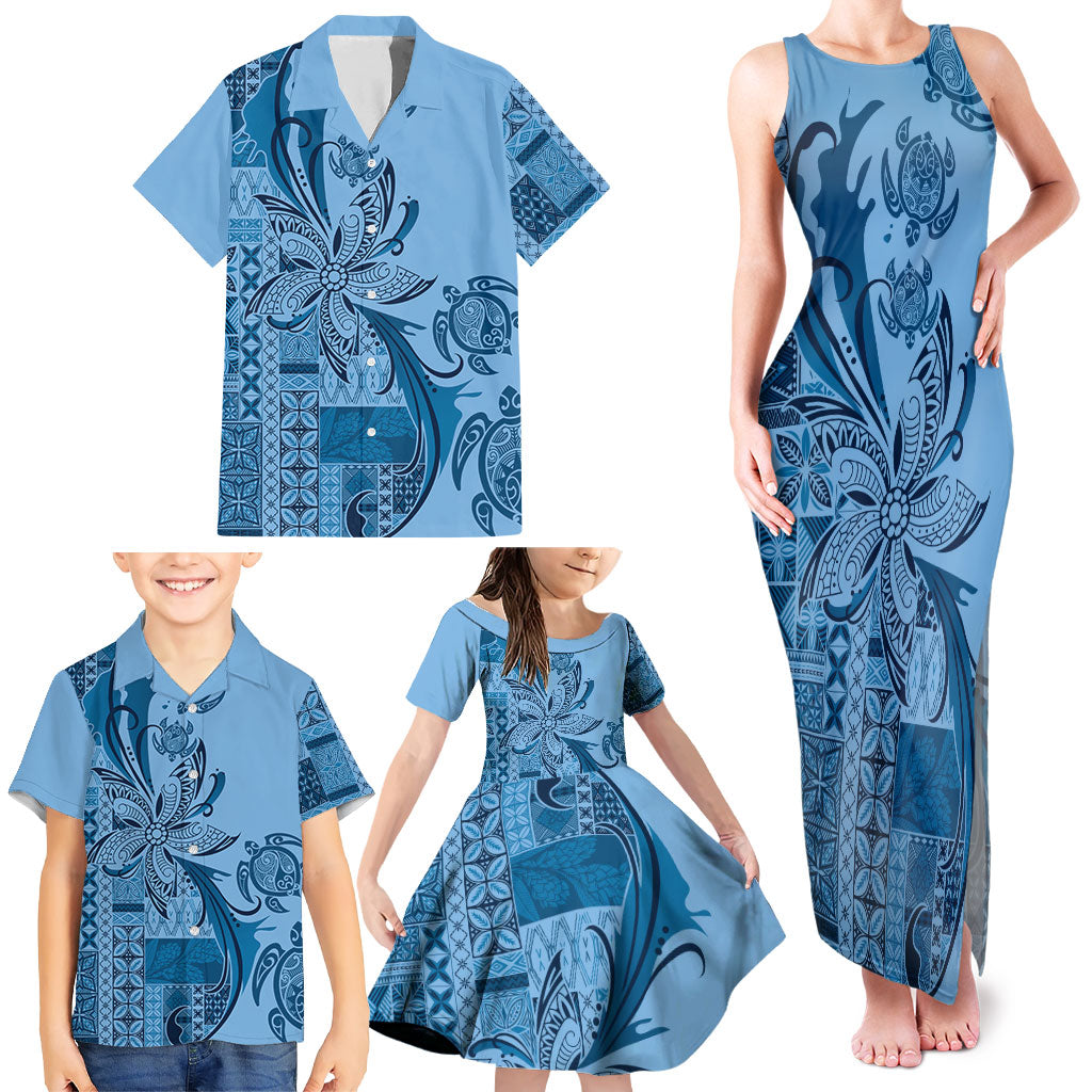 Talofa Samoa Mamanu Siapo Mix Malu Family Matching Tank Maxi Dress and Hawaiian Shirt Cool Blue Frangipani and Turtles LT7 - Polynesian Pride