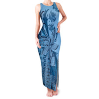 Talofa Samoa Mamanu Siapo Mix Malu Family Matching Tank Maxi Dress and Hawaiian Shirt Cool Blue Frangipani and Turtles LT7 Mom's Dress Blue - Polynesian Pride
