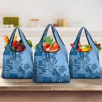 Talofa Samoa Mamanu Siapo Mix Malu Grocery Bag Cool Blue Frangipani and Turtles