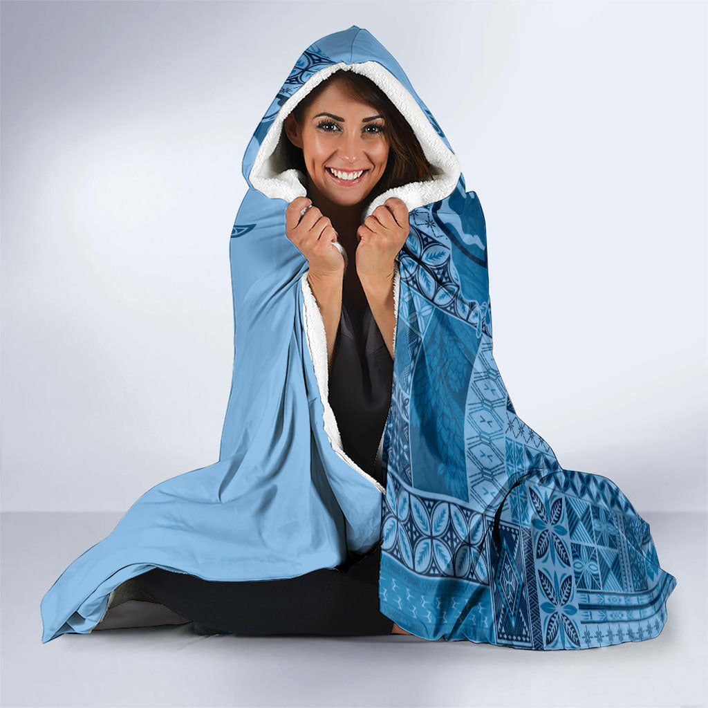 Talofa Samoa Mamanu Siapo Mix Malu Hooded Blanket Cool Blue Frangipani and Turtles