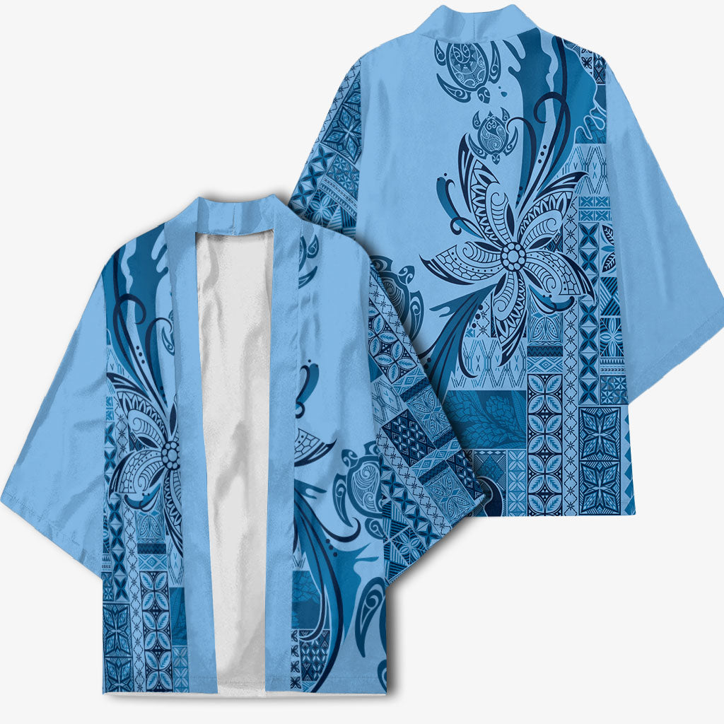 Talofa Samoa Mamanu Siapo Mix Malu Kimono Cool Blue Frangipani and Turtles