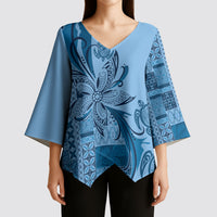 Talofa Samoa Mamanu Siapo Mix Malu Kimono Sleeve Blouse Cool Blue Frangipani and Turtles